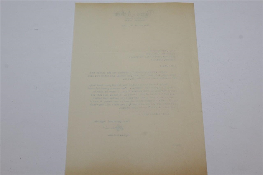 Byron Nelson Signed November 18, 1965 Letter to Jack Sargent at Peachtree JSA ALOA