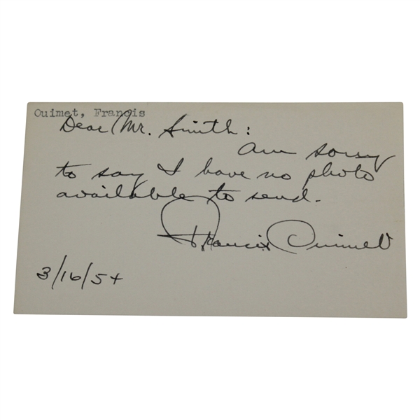 Francis Ouimet Signed 3x5 Card with Handrwitten Note Dated 3/16/1954 JSA ALOA