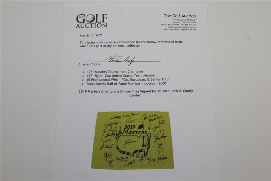 2019 Masters Champions Dinner Flag Signed by 26 with Jack & Coody Center - Charles Coody Collection JSA ALOA