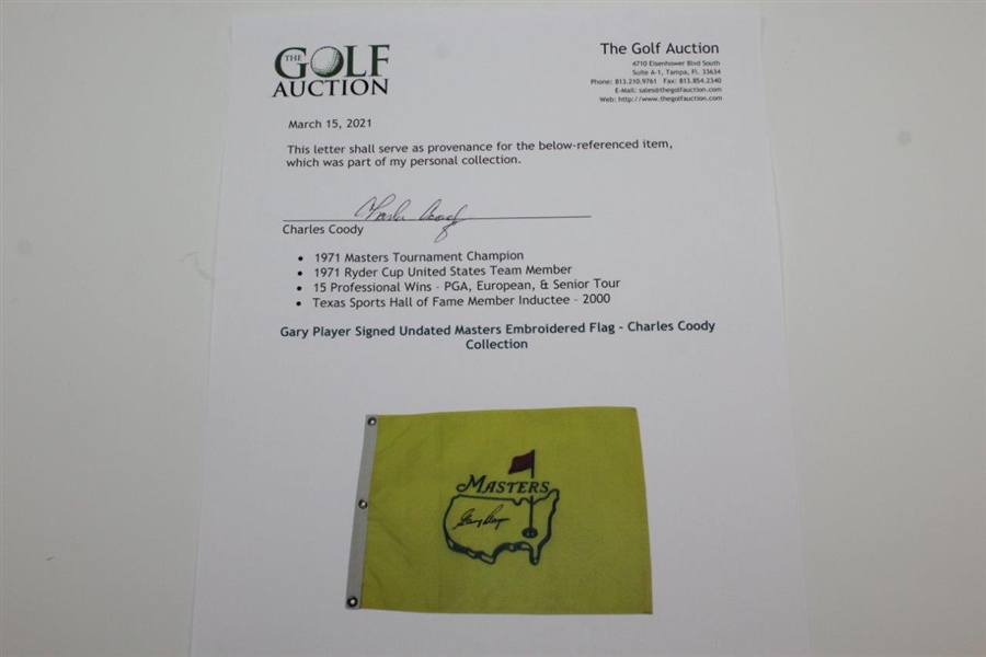 Gary Player Signed Undated Masters Embroidered Flag - Charles Coody Collection JSA ALOA