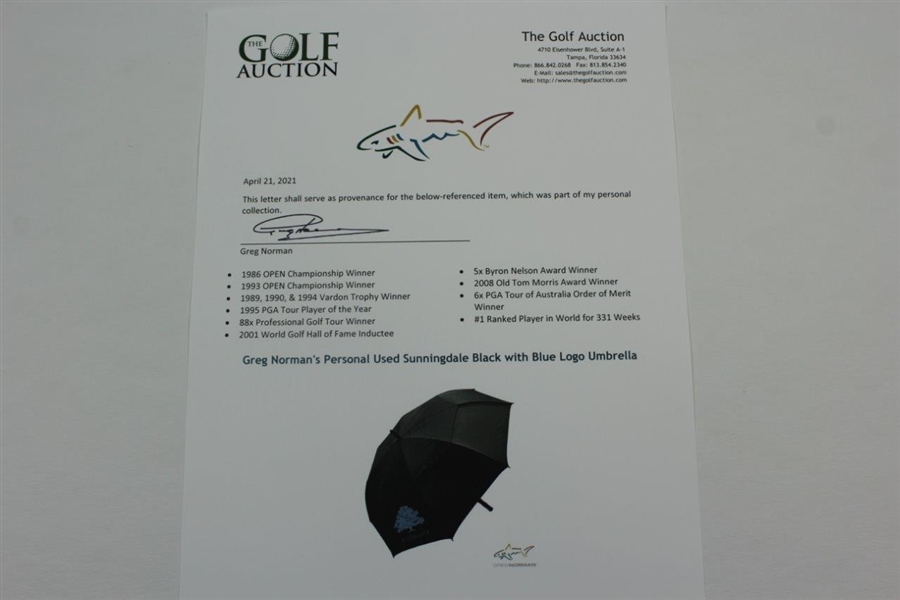 Greg Norman's Personal Used Sunningdale Black with Blue Logo Umbrella