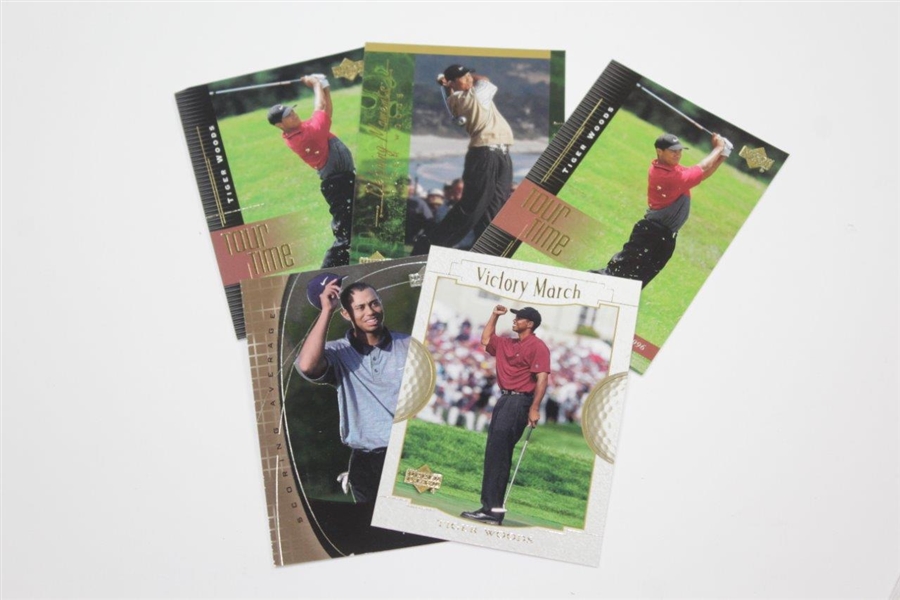 Grouping of Tiger Woods 'Tiger Tales' Cards with Tour Time, Stat Leaders, Defining Moments, & Victory March
