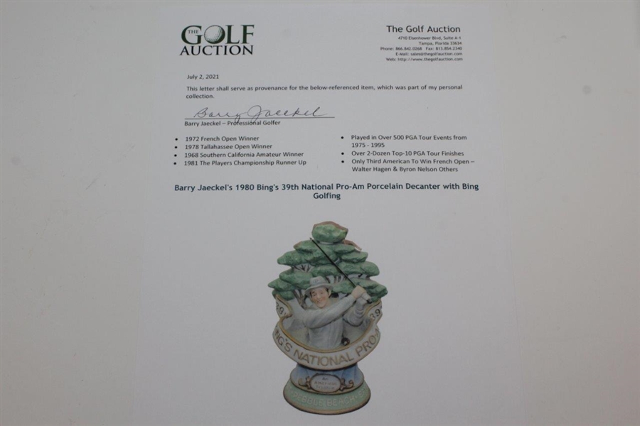 Barry Jaeckel's 1980 Bing's 39th National Pro-Am Porcelain Decanter with Bing Golfing