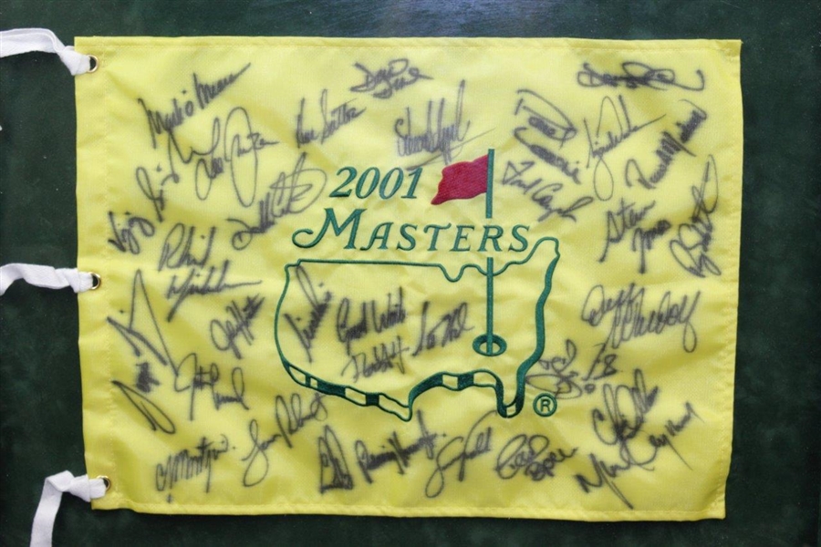 Tiger Woods & Field Signed 2001 Masters Embroidered Flag - Framed JSA ALOA