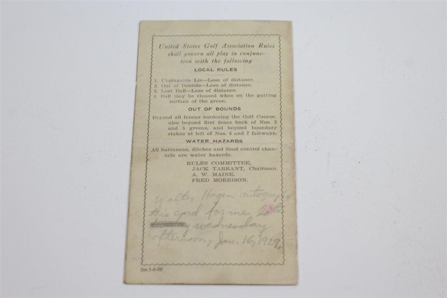 Walter Hagen Twice Signed 1929 Pasadena Municipal GC Scorecard with Permit & Pairing Card JSA ALOA