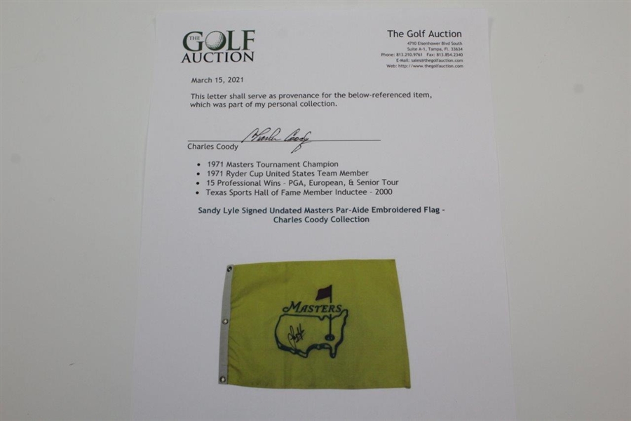 Sandy Lyle Signed Undated Masters Par-Aide Embroidered Flag - Charles Coody Collection JSA ALOA