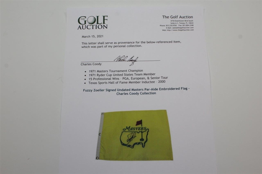 Fuzzy Zoeller Signed Undated Masters Par-Aide Embroidered Flag - Charles Coody Collection JSA ALOA