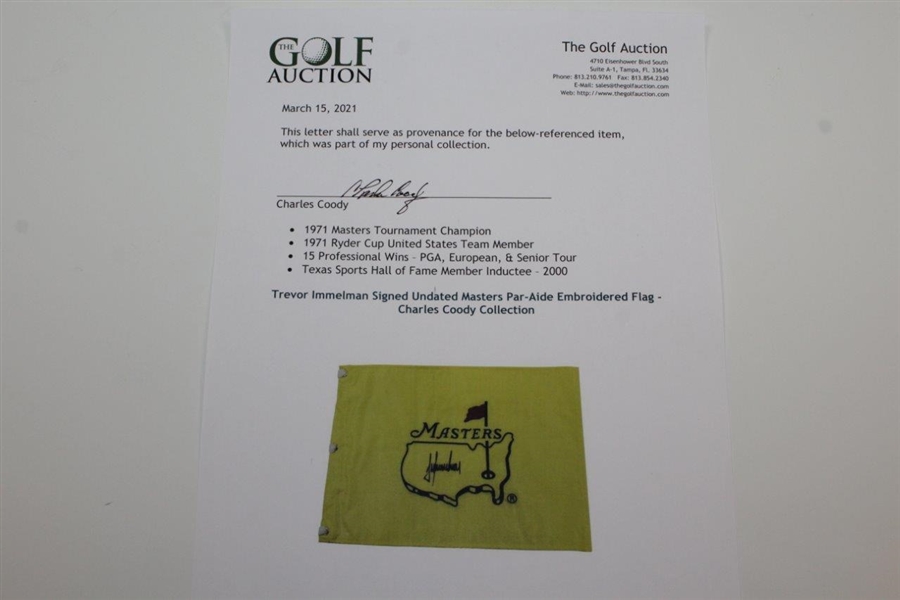 Trevor Immelman Signed Undated Masters Embroidered Flag - Charles Coody Collection JSA ALOA