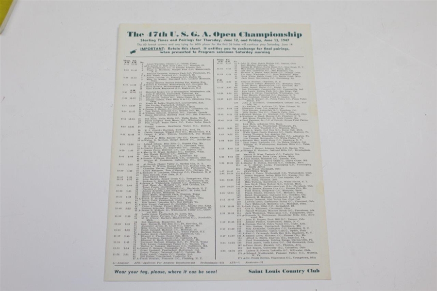 1947 Us Open at St. Louis Country Club Official Program with Pairing Sheet - Lew Worsham Winner