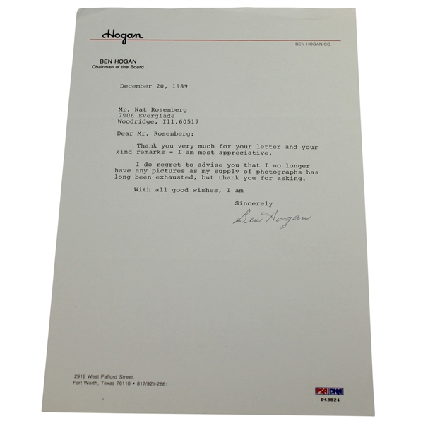 Ben Hogan Signed 12/20/1989 Letter on Hogan Co. Letterhead PSA/DNA #P43824