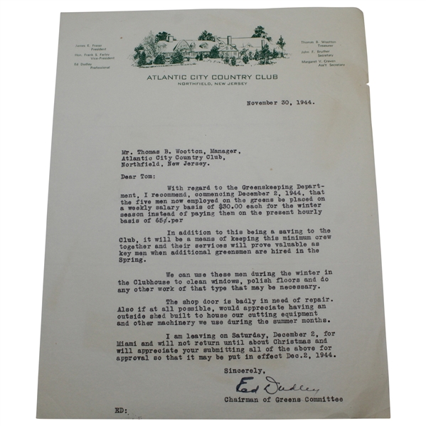 Ed Dudley Signed Typed Letter On A.C.C.C Letterhead - 11.30.1944 JSA ALOA