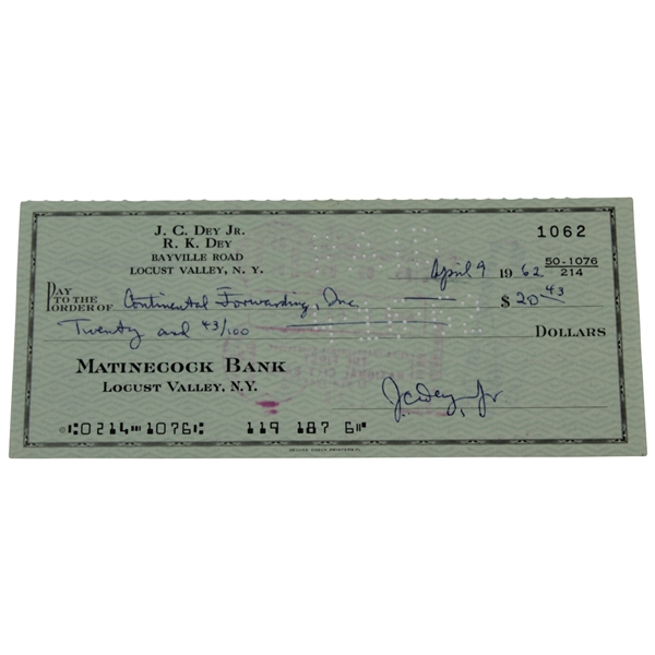 Joe Dey Jr. Signed 4.9.1962 Personal Check (Hall Of Famer) JSA ALOA