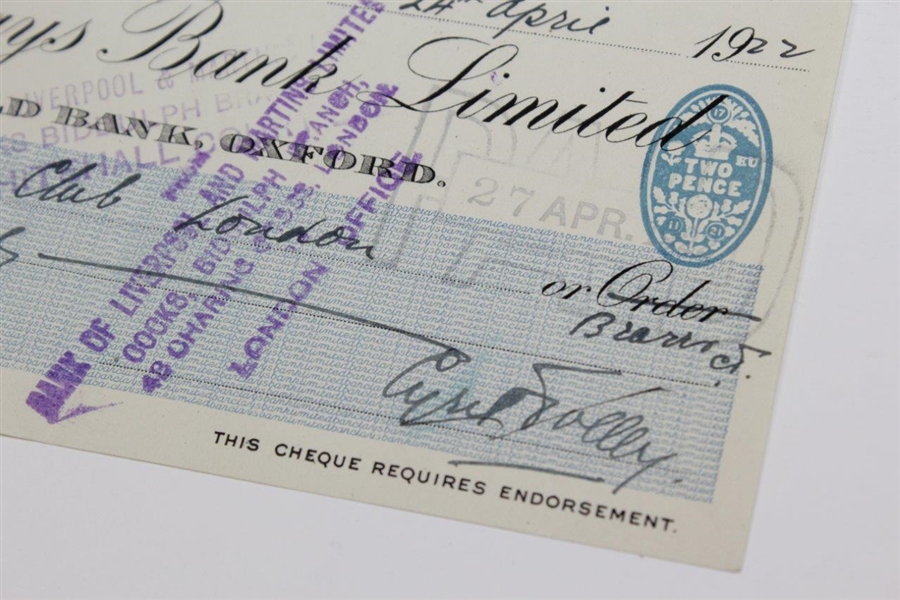 Cyril Tolley Signed 4.24.1922 Personal Check to Golfers Club OF London