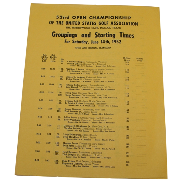 1952 US Open at The Northwood Club Saturday Groupings & Starting Times Sheet