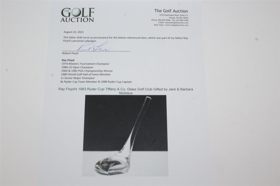 Ray Floyd's 1983 Ryder Cup Tiffany & Co. Glass Golf Club Gifted by Jack & Barbara Nicklaus