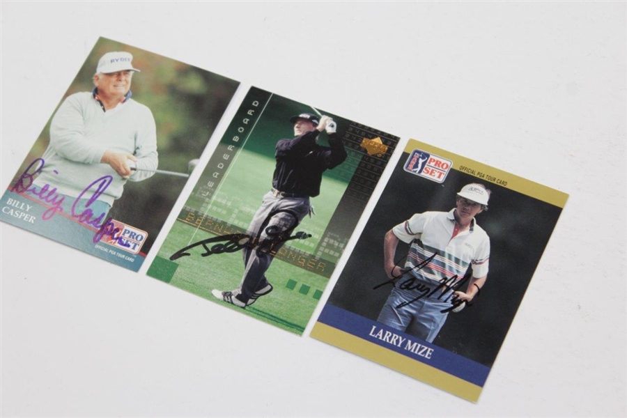 Masters Winners Billy Casper, Bernhard Langer, & Larry Mize Signed Golf Cards JSA ALOA