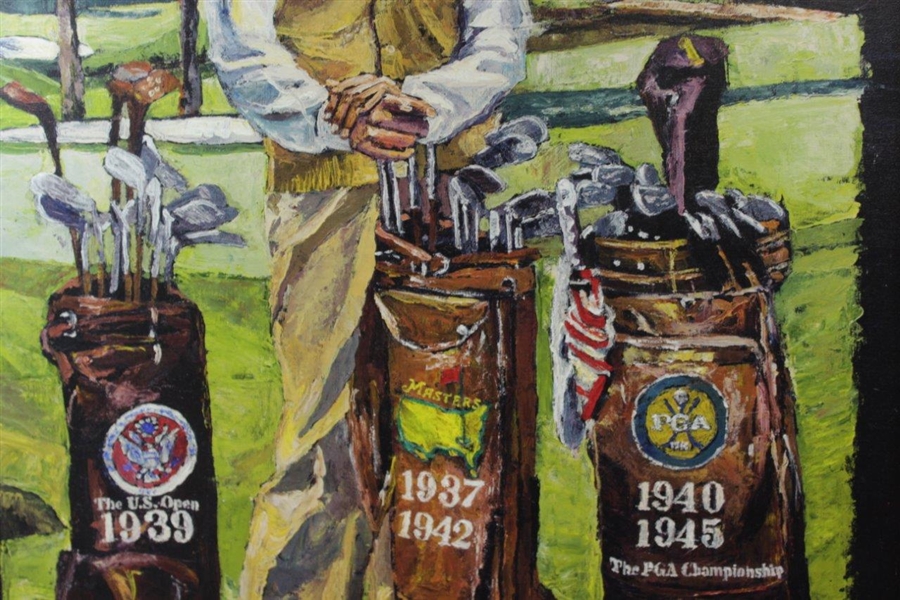 Large Byron Nelson Signed Canvas Print with Major Championships Listed On Bags - Framed JSA ALOA