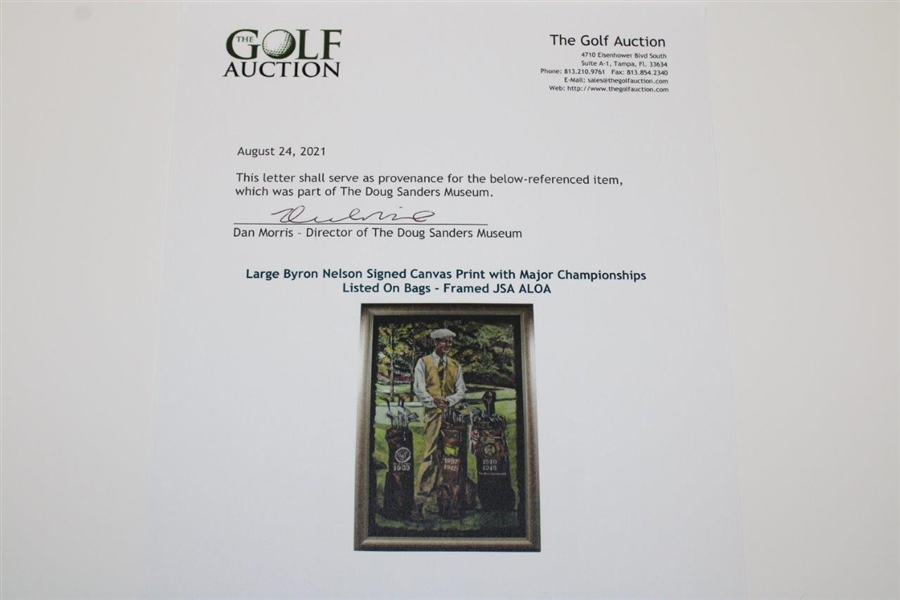 Large Byron Nelson Signed Canvas Print with Major Championships Listed On Bags - Framed JSA ALOA