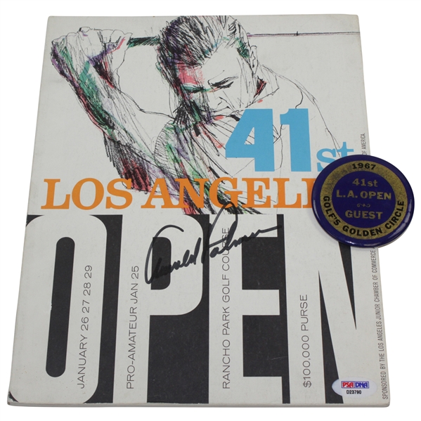 Arnold Palmer Signed 1967 LA Open Program & Golf's Golden Circle Guest Badge PSA/DNA D23790 
