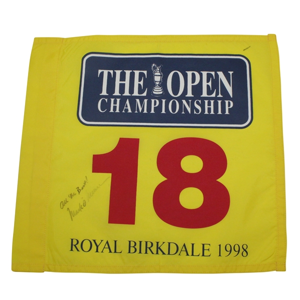 Mark O'Meara Signed 1998 The OPEN at Royal Birkdale Yellow Replica Screen Flag JSA ALOA