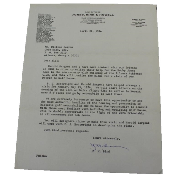 1974 F.M. Bird Signed Letter To Bill Gaston From Robert T. Jones Law Office JSA ALOA