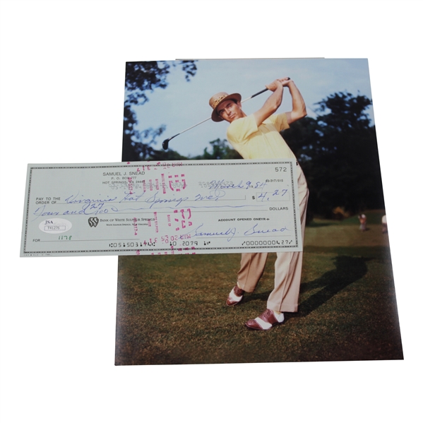 Sam Snead Signed Check With Photograph JSA #T41276