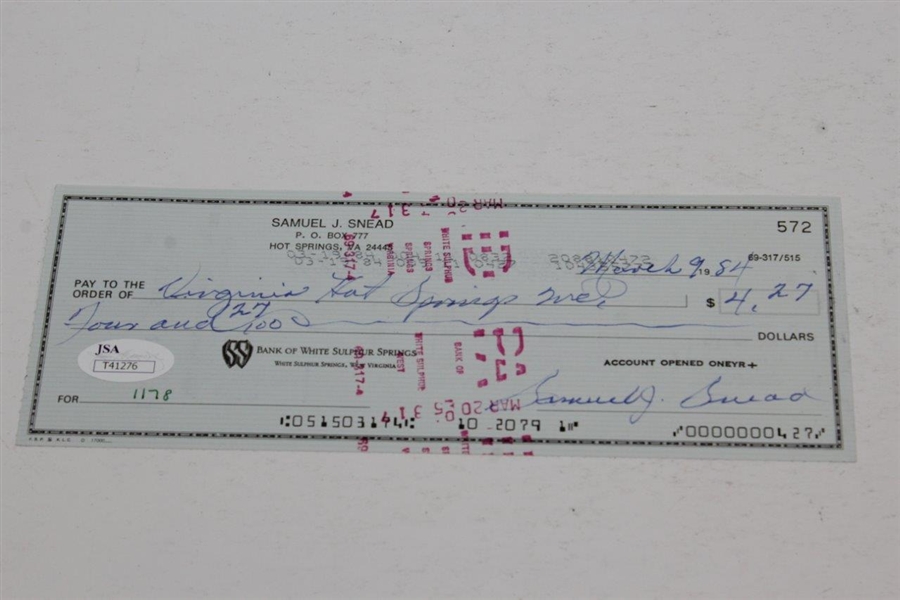 Sam Snead Signed Check With Photograph JSA #T41276