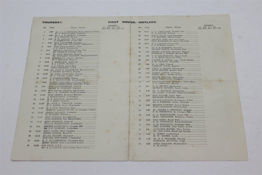 1936 OPEN Golf Championship at Hoylake Official Thursday Draw and Times Sheet/Pamphlet