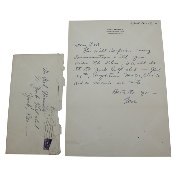 Gene Sarazen Signed Handwritten 1954 Letter on Personal Letterhead with Envelope JSA ALOA