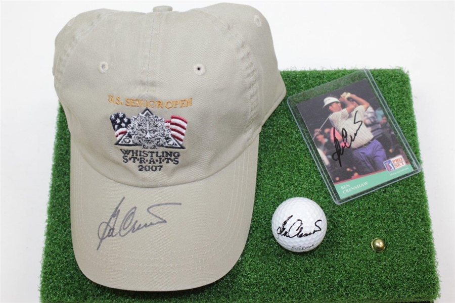 Ben Crenshaw Signed Multi-Item Display in Case - Hat, Card, & Golf Ball JSA ALOA