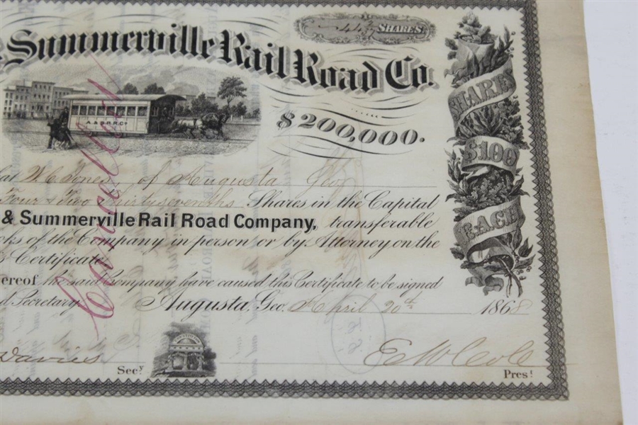 1868 Augusta Railroad $200k Stock Certificate 