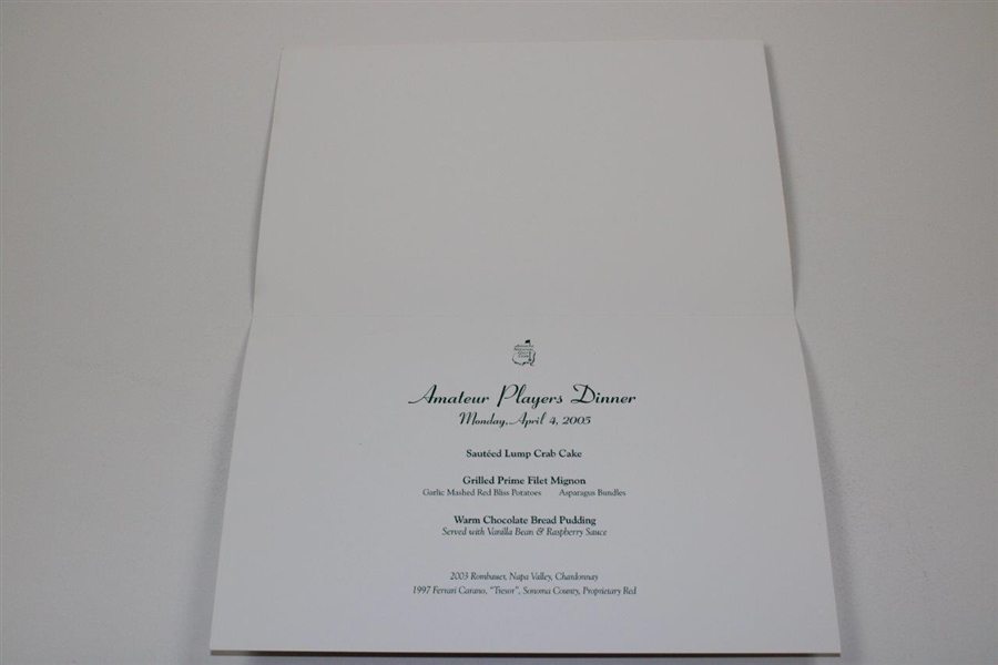 2005 Masters Tournament Amateur Players Dinner Menu - Wednesday April 4th