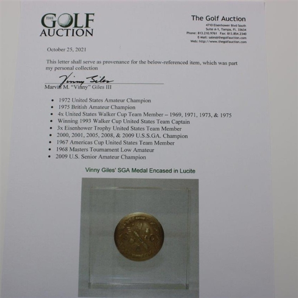 Vinny Giles' SGA Medal Encased in Lucite - Southern Golf Association Amateur Tournament