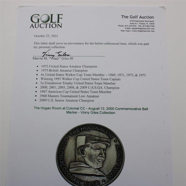 The Hogan Room at Colonial CC - August 13, 2000 Commemorative Ball Marker - Vinny Giles Collection