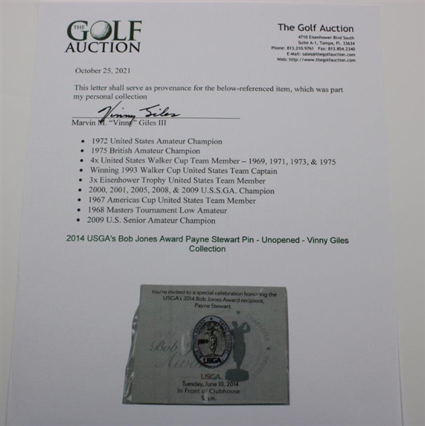 2014 USGA's Bob Jones Award Payne Stewart Pin - Unopened - Vinny Giles Collection