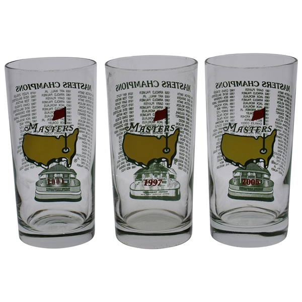 Three (3) Masters Commemorative Glasses from Tiger Wins - 1997, 2001 & 2005