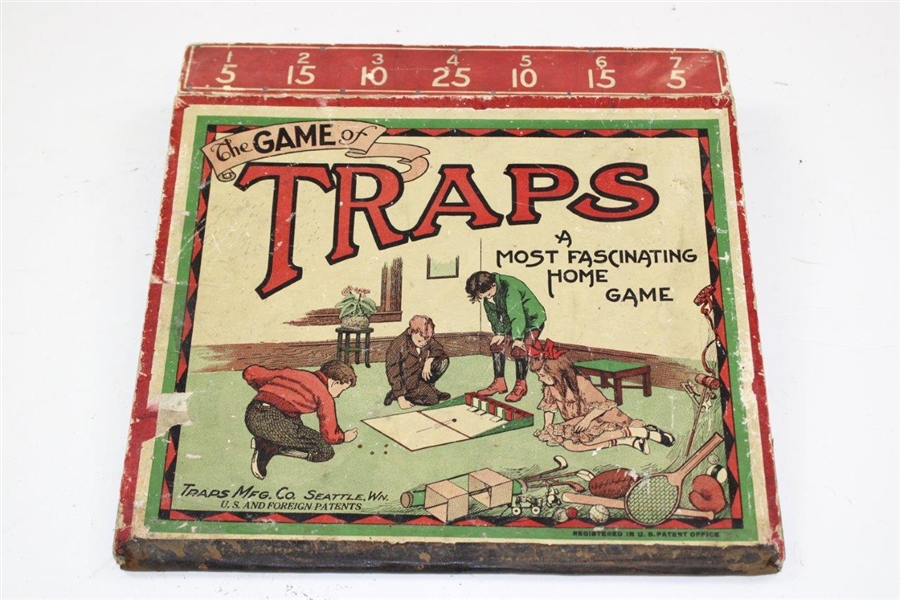 Early 1900's 'The Game of Traps' Wood Board & Marble Game with Golf Course Graphics