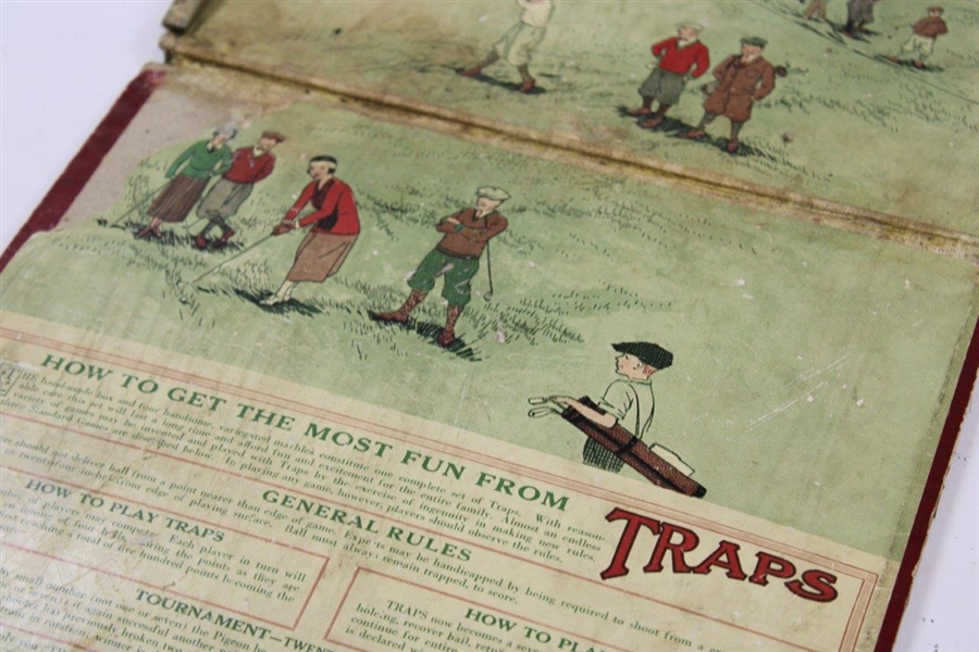 Early 1900's 'The Game of Traps' Wood Board & Marble Game with Golf Course Graphics