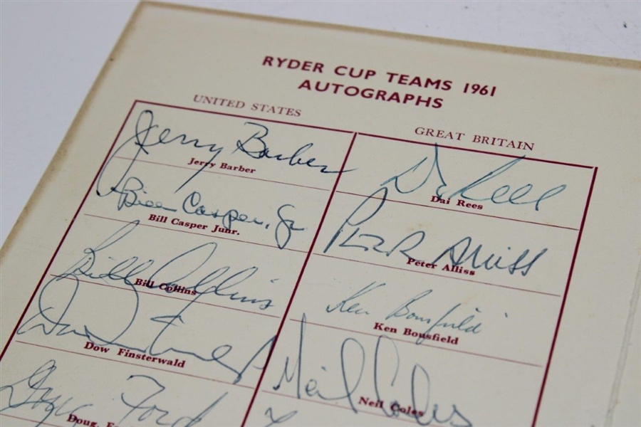 1961 Ryder Cup USA & Great Britain Team Signed Hotel Dinner Menu (Missing O'Connor) JSA ALOA