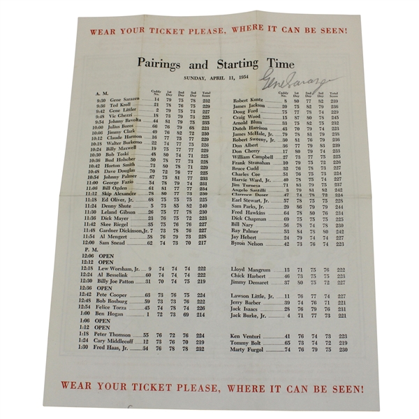 Gene Sarazen Signed 1954 Masters Tournament Sunday Pairing Sheet - Fold Creases JSA ALOA