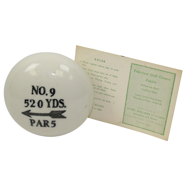 Vintage Porcelain 'No. 9 520yds Par 5' Tee Marker with Fairview Golf Course Scorecard