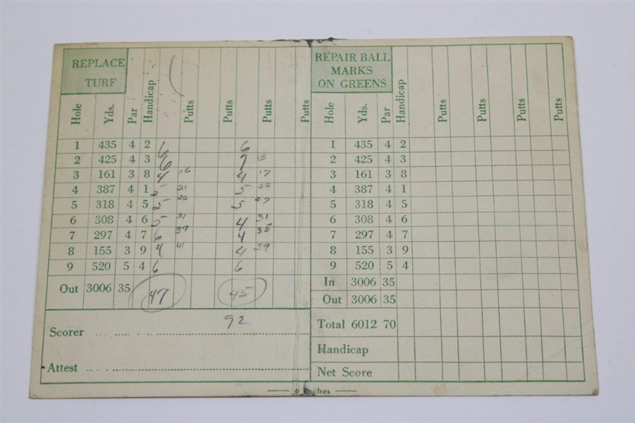 Vintage Porcelain 'No. 9 520yds Par 5' Tee Marker with Fairview Golf Course Scorecard