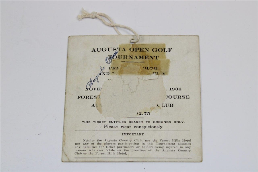 Ralph Guldahl Signed 1936 Augusta Open Golf Tournament Practice Rd Ticket JSA ALOA