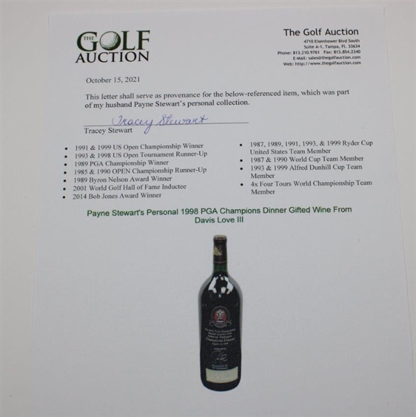 Payne Stewart's Personal 1998 PGA Champions Dinner Gifted Wine From Davis Love III