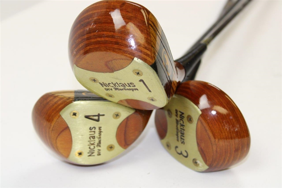 Set of Three (3) Macgregor Nicklaus DIV Laminated Woods with Golden Bear Logo Face - 1, 3 & 4 Woods