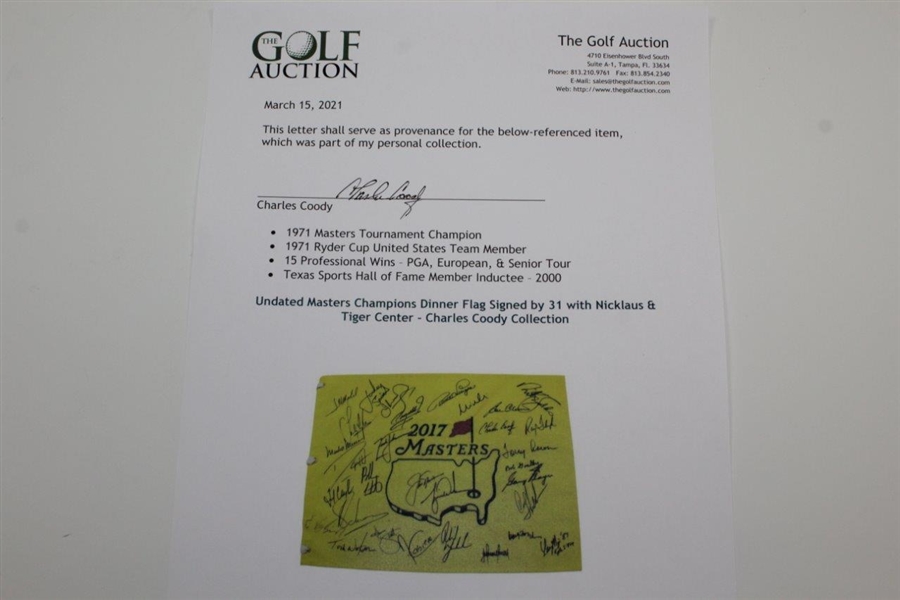 2017 Masters Champions Dinner Flag Signed by 31 with Nicklaus & Tiger Center - Charles Coody Collection JSA ALOA