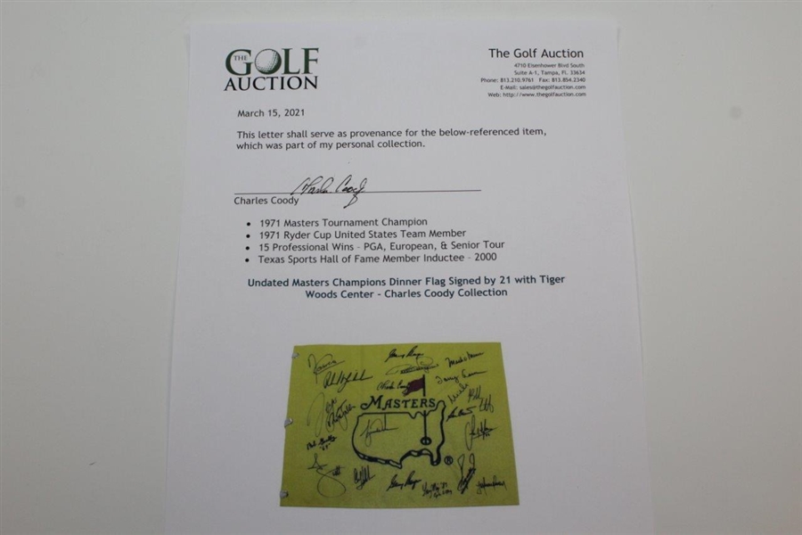 Undated Masters Champions Dinner Flag Signed by 20 with Tiger Woods Center - Charles Coody Collection JSA ALOA