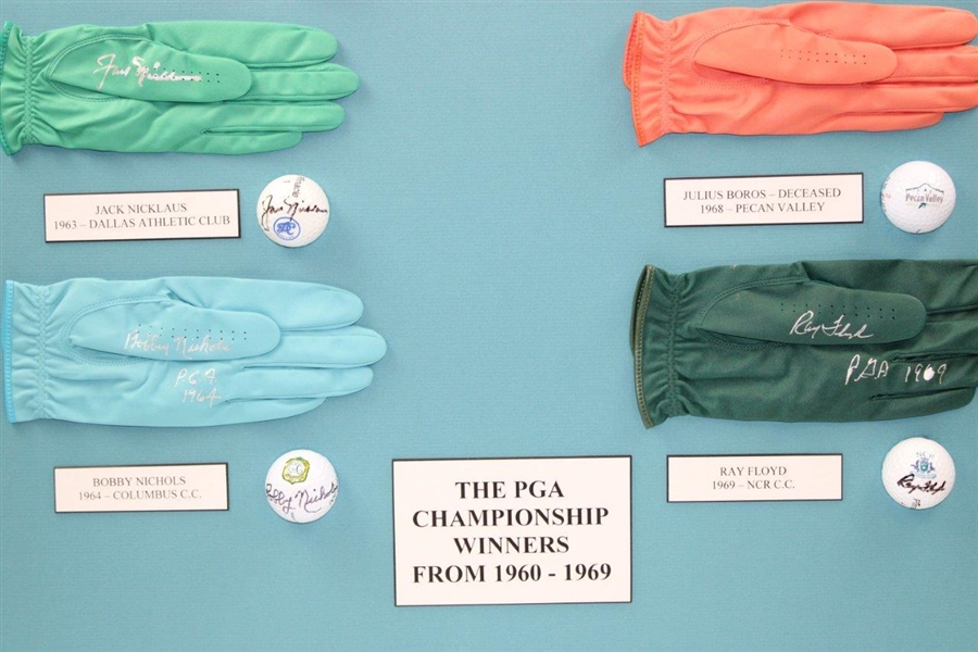 Winners of the PGA 1960-1969 Signed Golf Balls & Gloves Display JSA ALOA