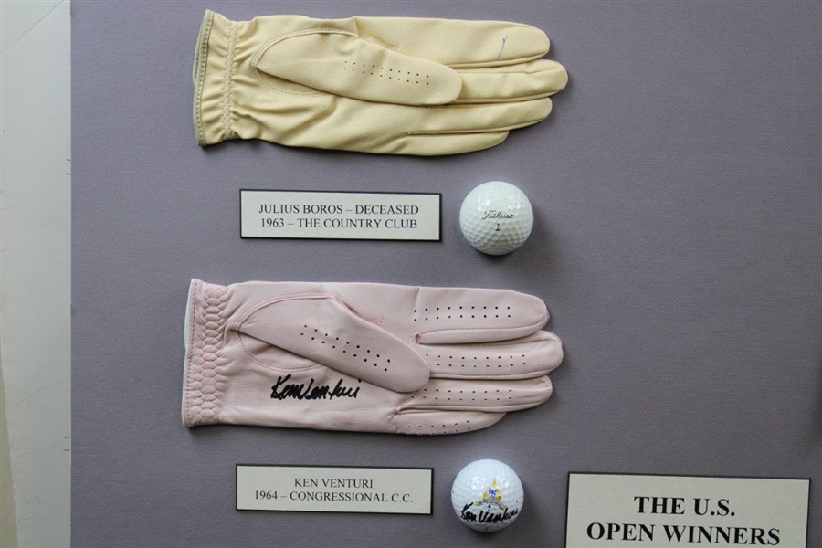 US Open Winners Venturi, Boros, Moody, & Trevino Signed Golf Balls & Gloves Display JSA ALOA