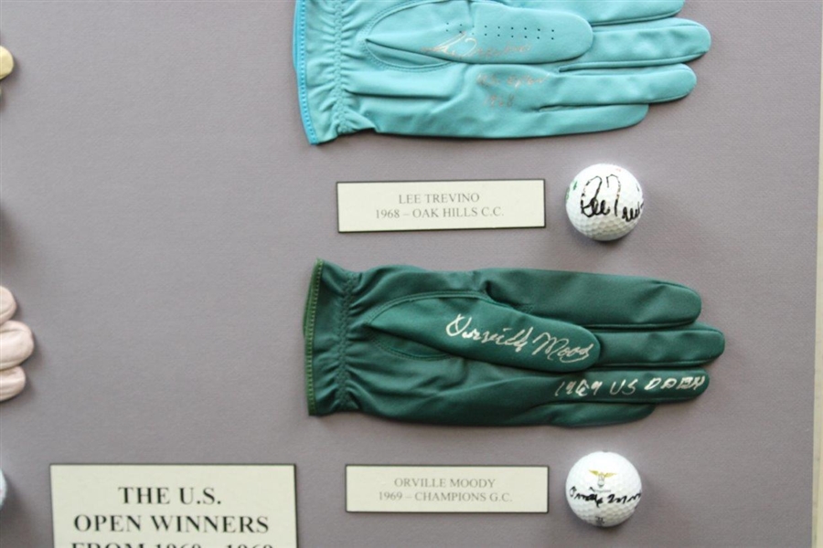 US Open Winners Venturi, Boros, Moody, & Trevino Signed Golf Balls & Gloves Display JSA ALOA